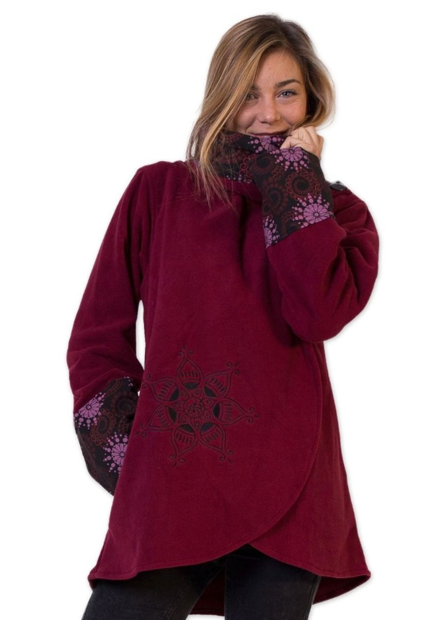 Femme Coton Du Monde | Veste Polaire Brodee Hudson Mandala Bordeaux