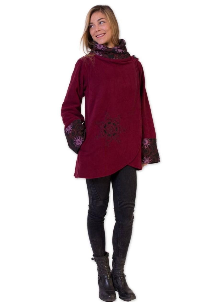 Femme Coton Du Monde | Veste Polaire Brodee Hudson Mandala Bordeaux