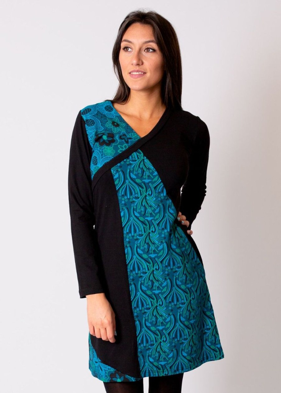 Femme Coton Du Monde | Robe Courte En Coton Abaya Imprime Graphique Bleu