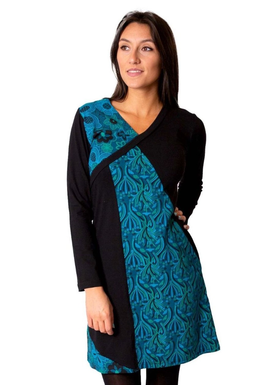 Femme Coton Du Monde | Robe Courte En Coton Abaya Imprime Graphique Bleu