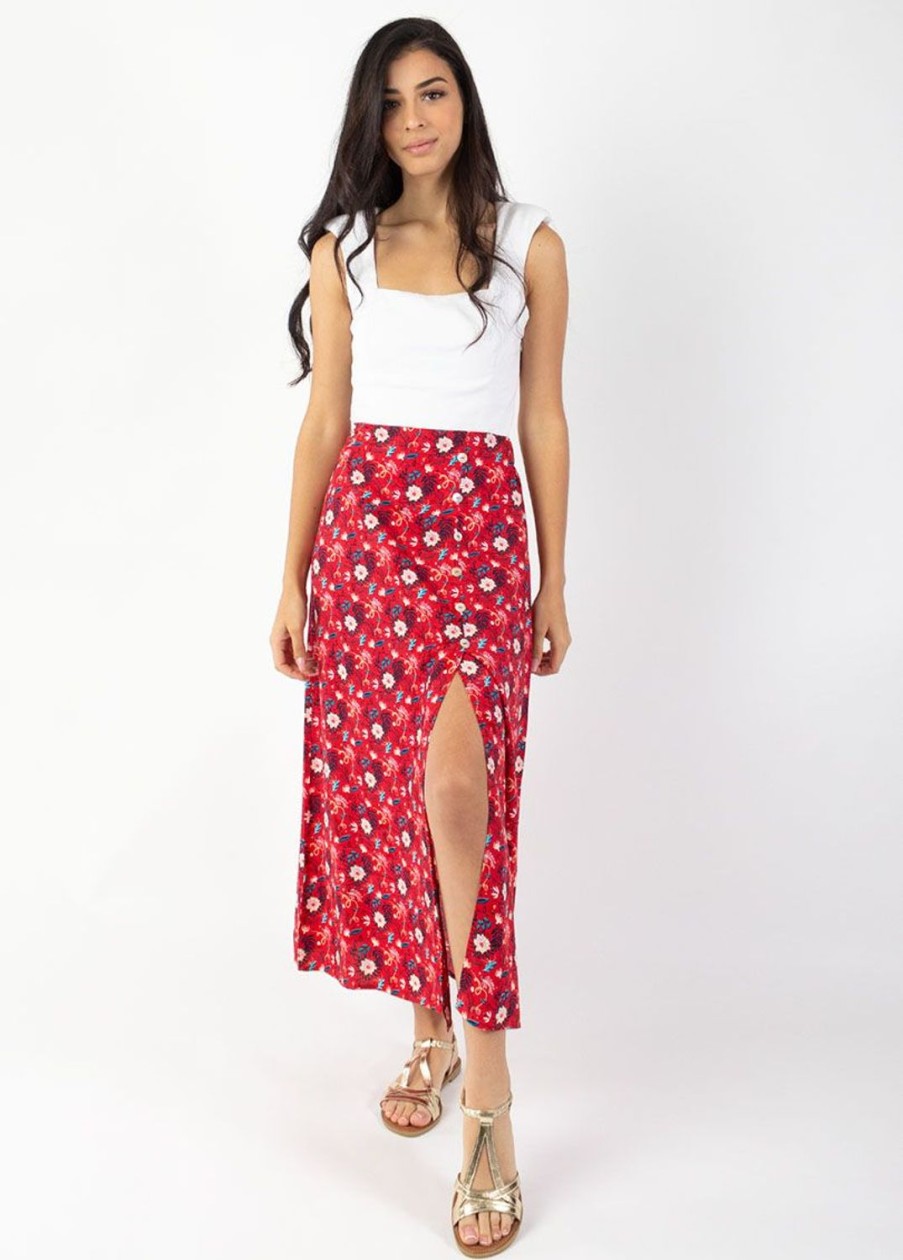 Femme Coton Du Monde | Jupe Longue Fendue Boutonnee Liberty Fleurie Rouge Spring Flowers