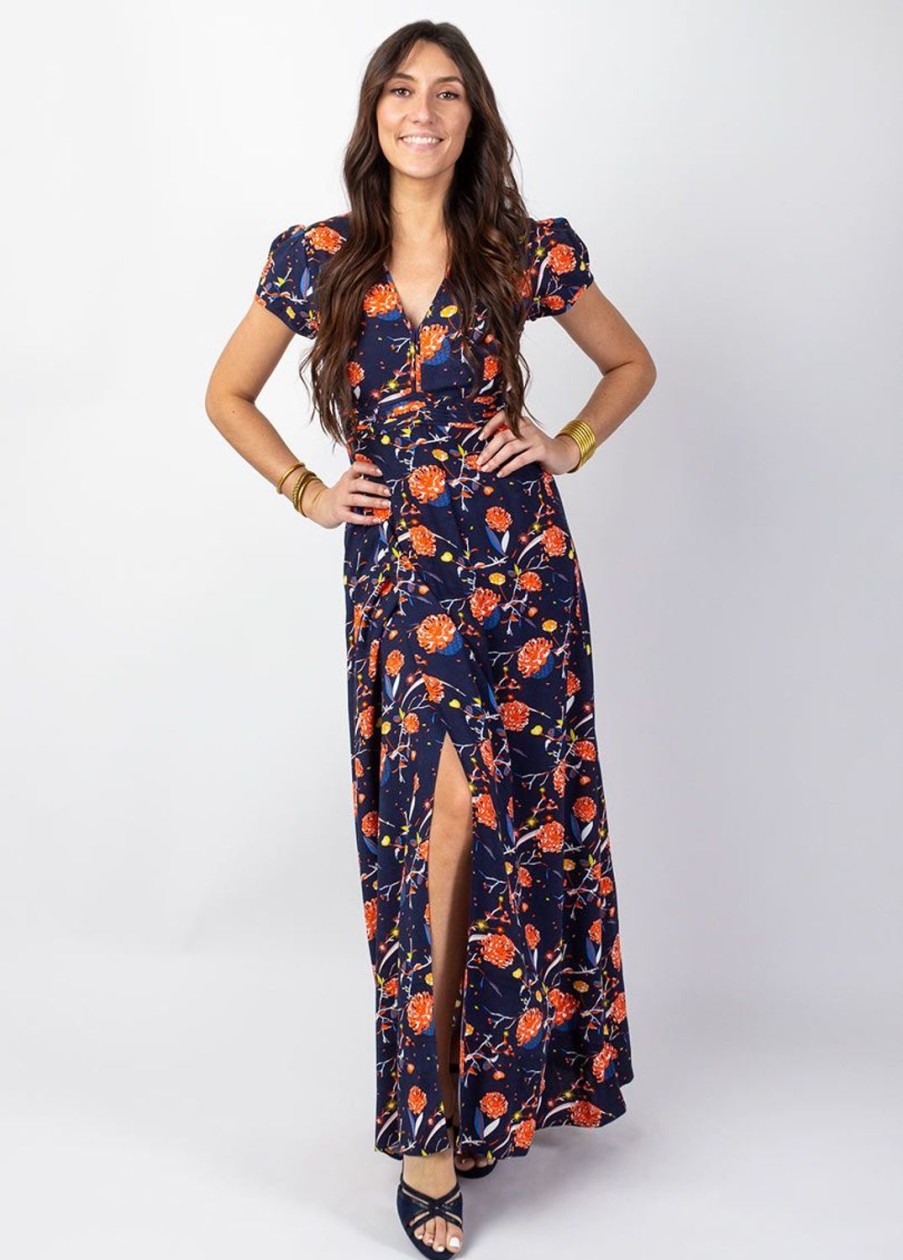 Femme Coton Du Monde | Robe Longue Fluide Marbella Imprime Fleuri Marine Hanami