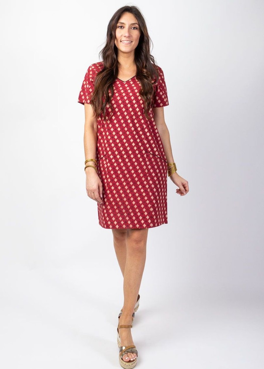 Femme Coton Du Monde | Robe Manches Courtes En Coton Claudia Motifs Ethniques Bordeaux Medina