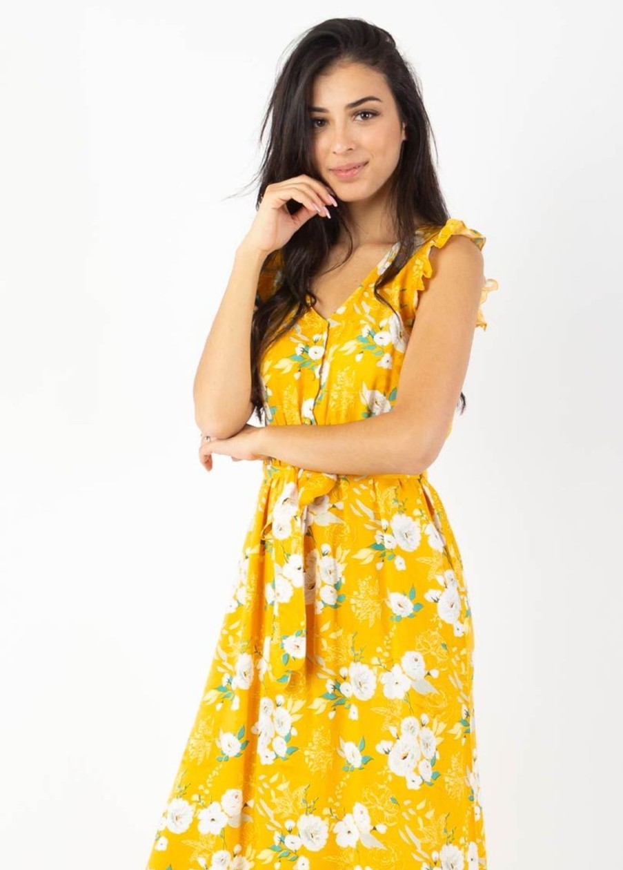 Femme Coton Du Monde | Robe Longue Manches Volantees Kayla Fleurie Jaune Bouquet Jaune