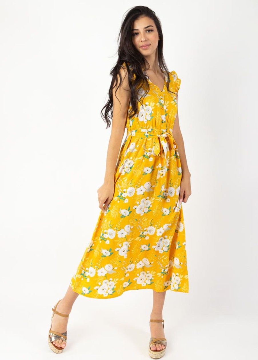 Femme Coton Du Monde | Robe Longue Manches Volantees Kayla Fleurie Jaune Bouquet Jaune