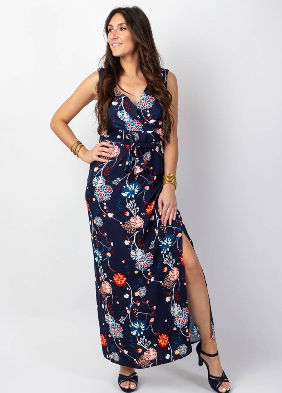 Femme Coton Du Monde | Robe Longue Fendue Chic Melinda Cache-Coeur Imprime Floral Bleu Pollen