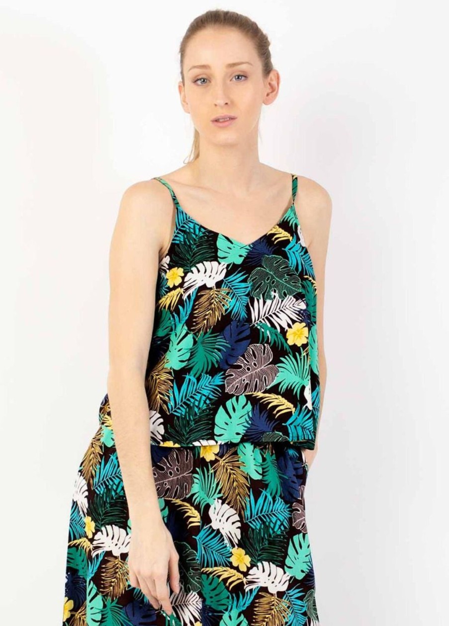 Femme Coton Du Monde | Robe Longue Fendue Assilia Imprime Tropical Palme Vert