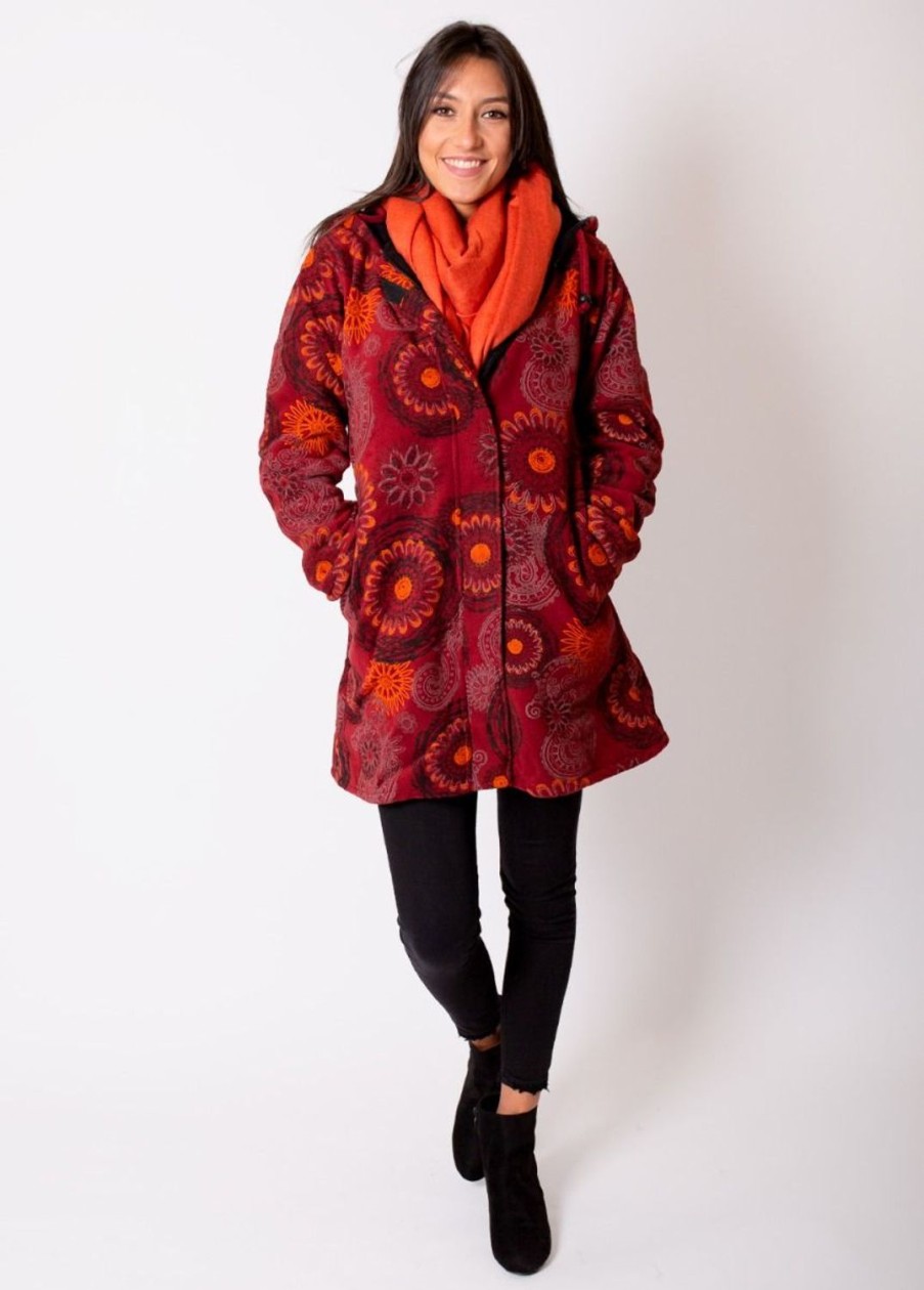 Femme Coton Du Monde | Manteau Veste Polaire Lasto Ethnique Bordeaux