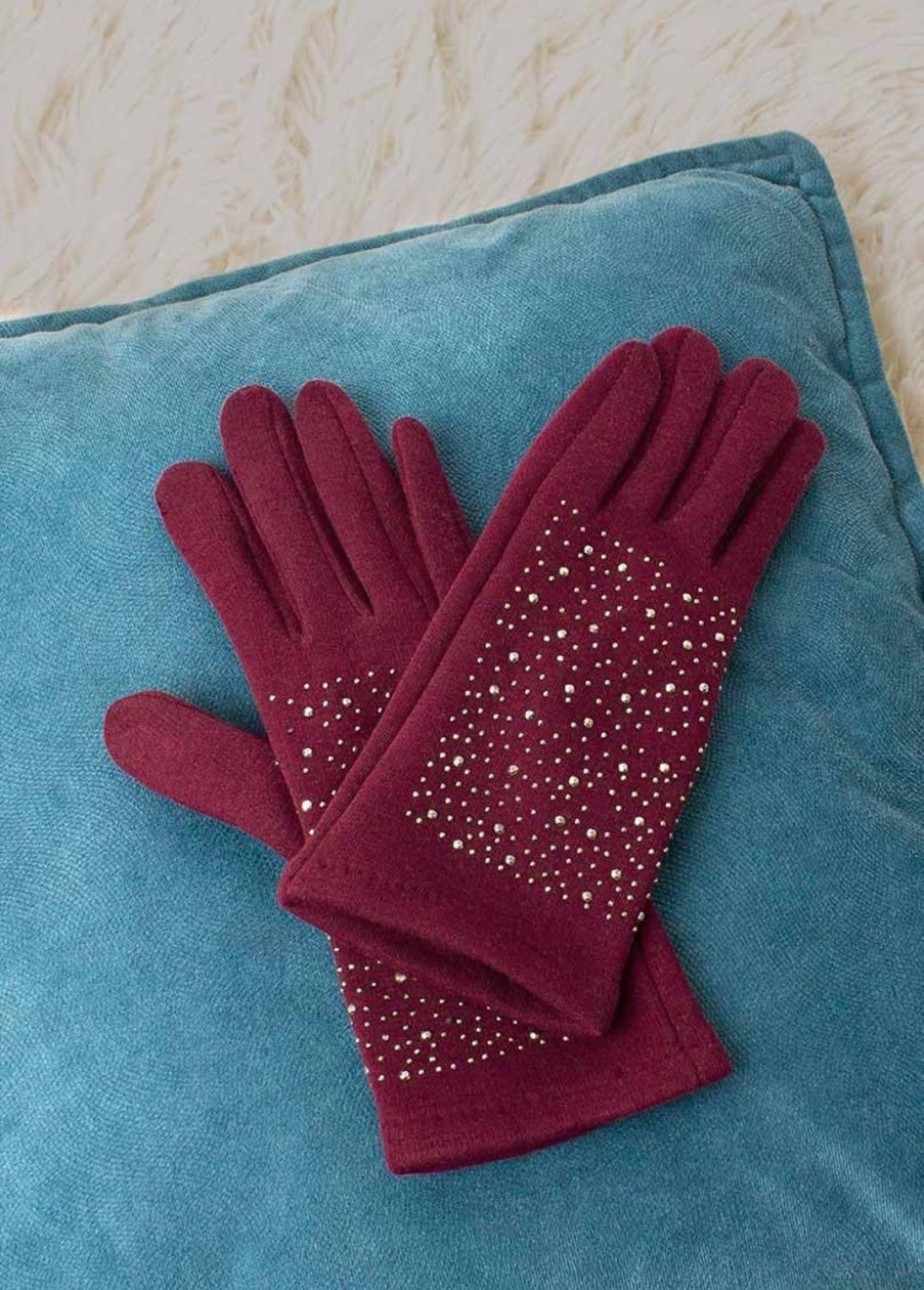 Accessoires Coton Du Monde | Gants Unis Strass Bordeaux