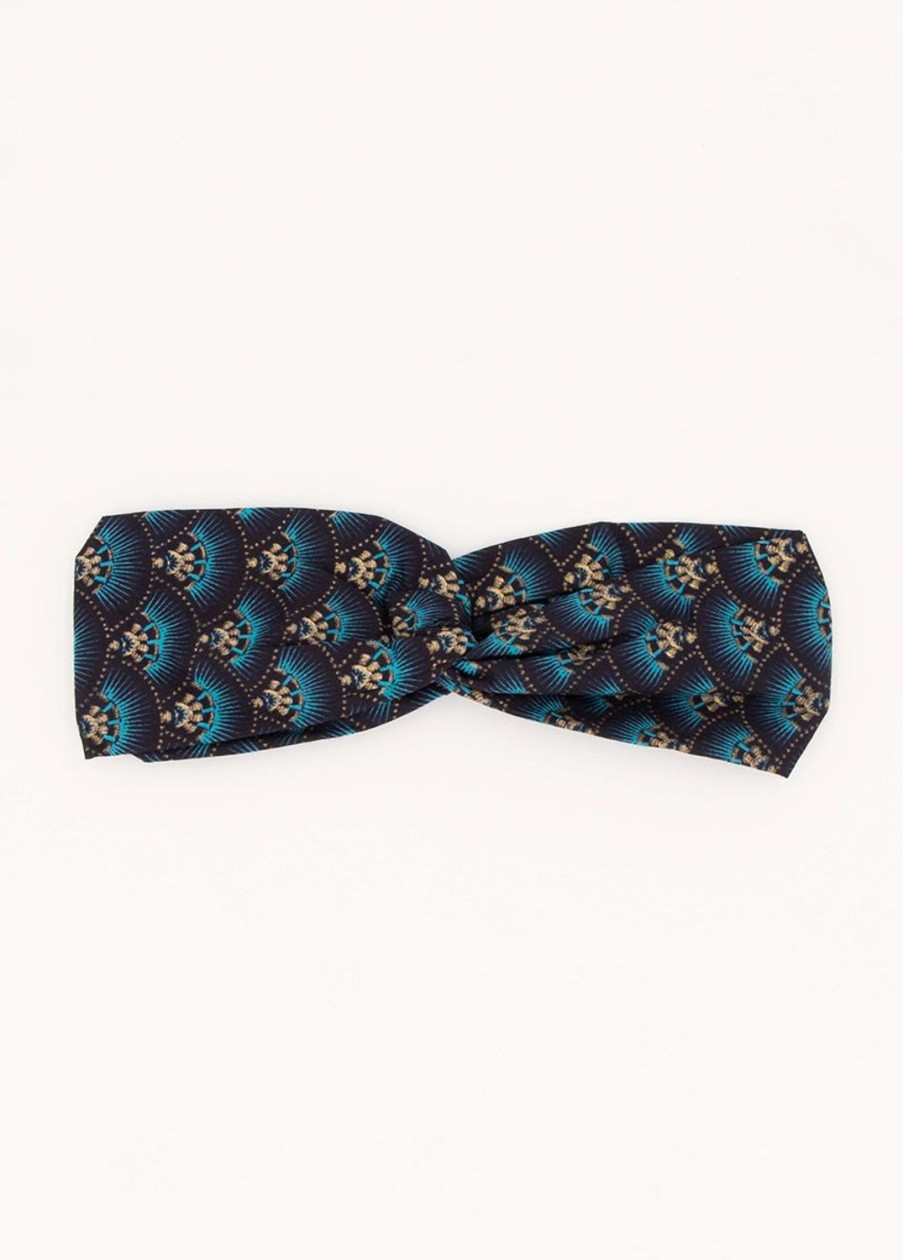 Accessoires Coton Du Monde | Bandeau Africain Noeud Headband Motif Bleu Dore 49 Bleu