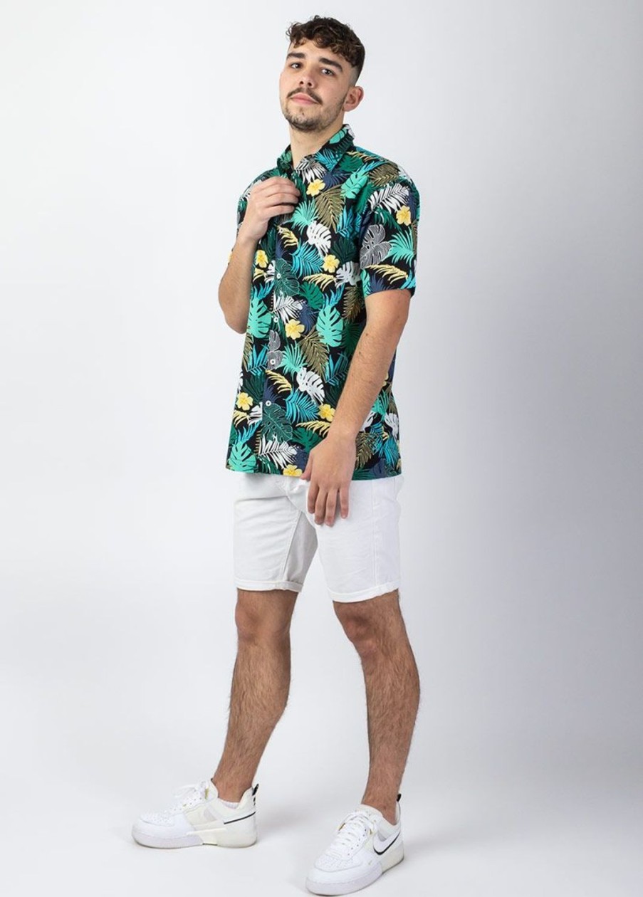 Homme Coton Du Monde | Chemise Homme Manches Courtes Lorenzo Imprime Tropical Vert Palme Vert