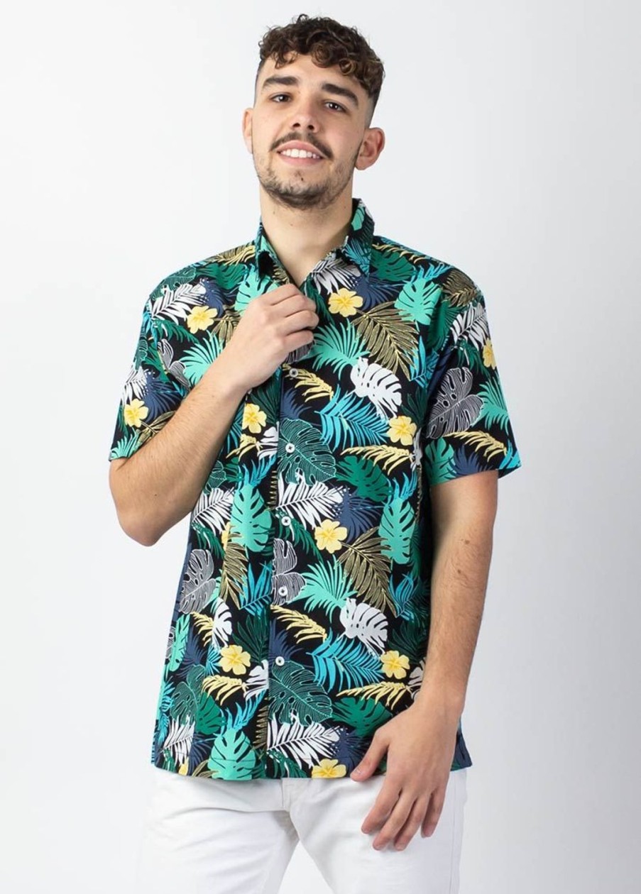 Homme Coton Du Monde | Chemise Homme Manches Courtes Lorenzo Imprime Tropical Vert Palme Vert