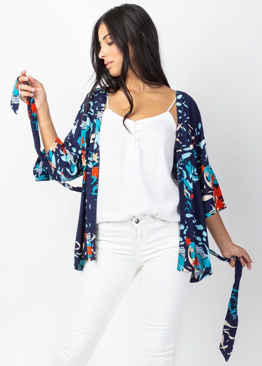 Femme Coton Du Monde | Veste Courte Esprit Kimono Ayako Bleu Marine Japan