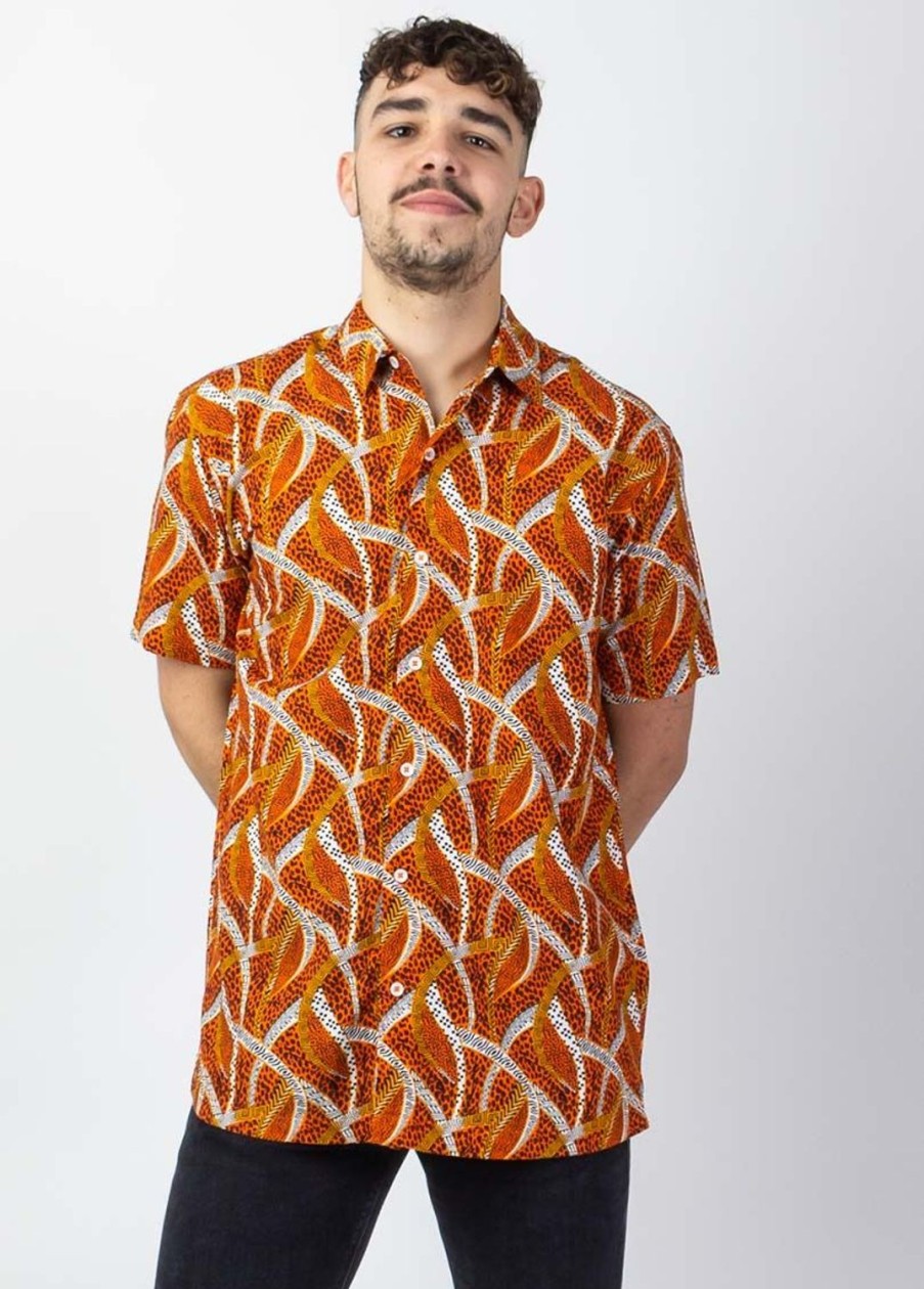 Homme Coton Du Monde | Chemise Homme Manches Courtes Lorenzo Imprime Ethnique Orange Savane Orange