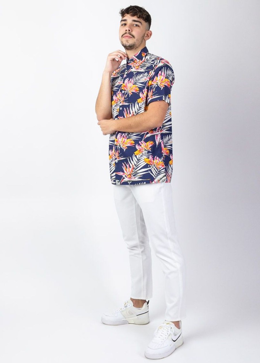 Homme Coton Du Monde | Chemise Homme Manches Courtes Lorenzo Imprime Tropical Bleu Tropical Marine