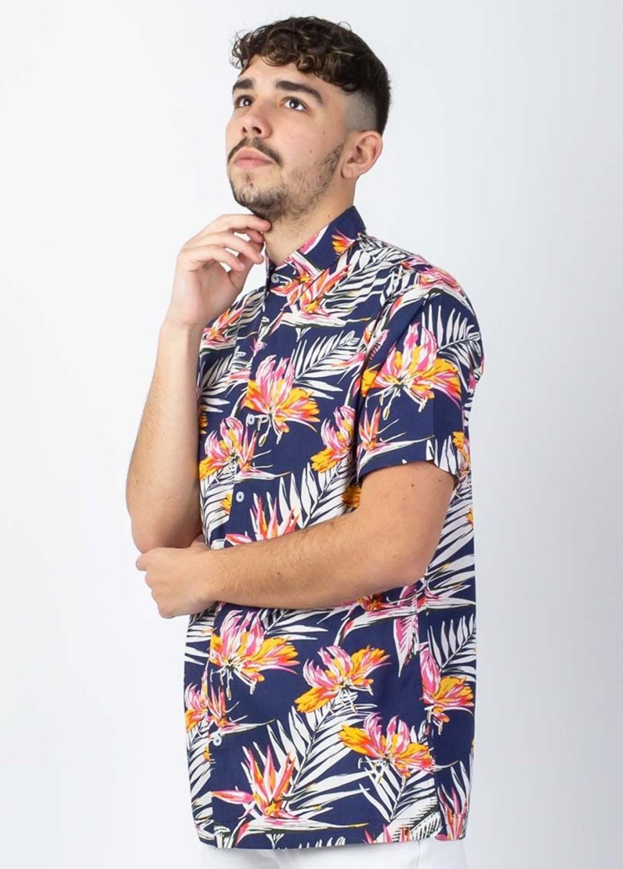 Homme Coton Du Monde | Chemise Homme Manches Courtes Lorenzo Imprime Tropical Bleu Tropical Marine