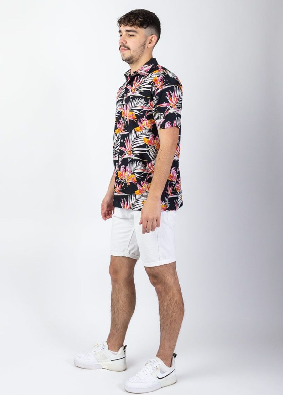 Homme Coton Du Monde | Chemise Homme Manches Courtes Lorenzo Imprime Tropical Noir