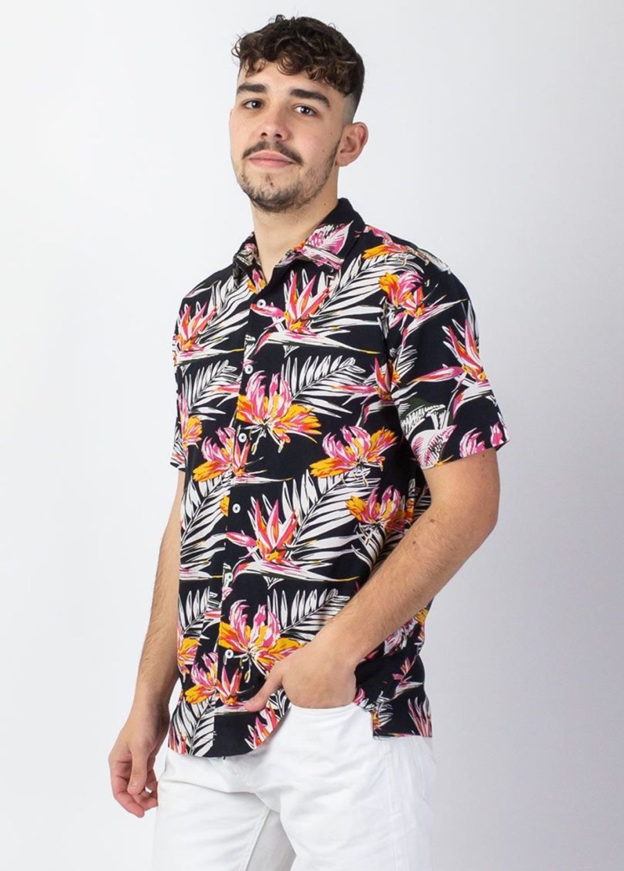 Homme Coton Du Monde | Chemise Homme Manches Courtes Lorenzo Imprime Tropical Noir