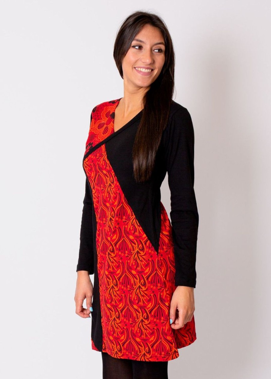 Femme Coton Du Monde | Robe Courte En Coton Abaya Imprime Graphique Rouge