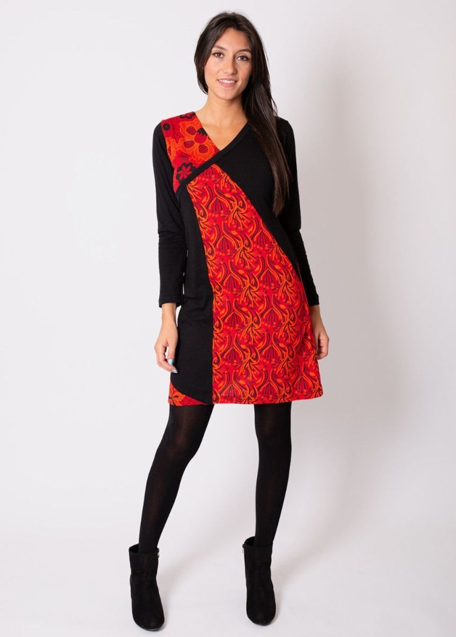 Femme Coton Du Monde | Robe Courte En Coton Abaya Imprime Graphique Rouge