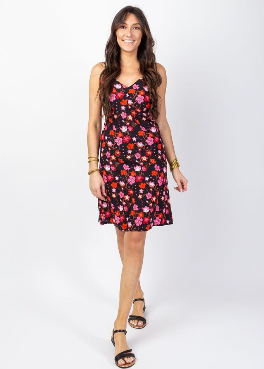 Femme Coton Du Monde | Robe Courte Fines Bretelles Bea Imprime Fleurs De Cerisier Noir Cherry Noir