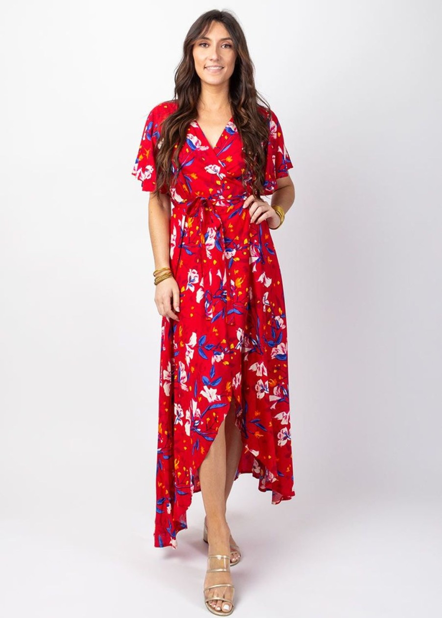 Femme Coton Du Monde | Robe Longue Sakura Boheme Imprime Fleuri Rouge Petale