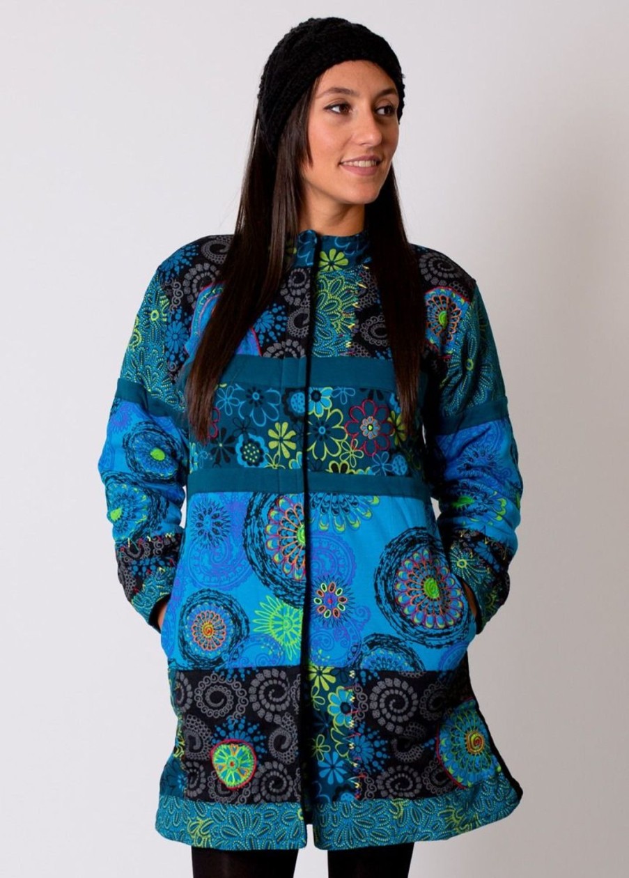 Femme Coton Du Monde | Manteau Double Polaire Kwango Ethnique Bleu