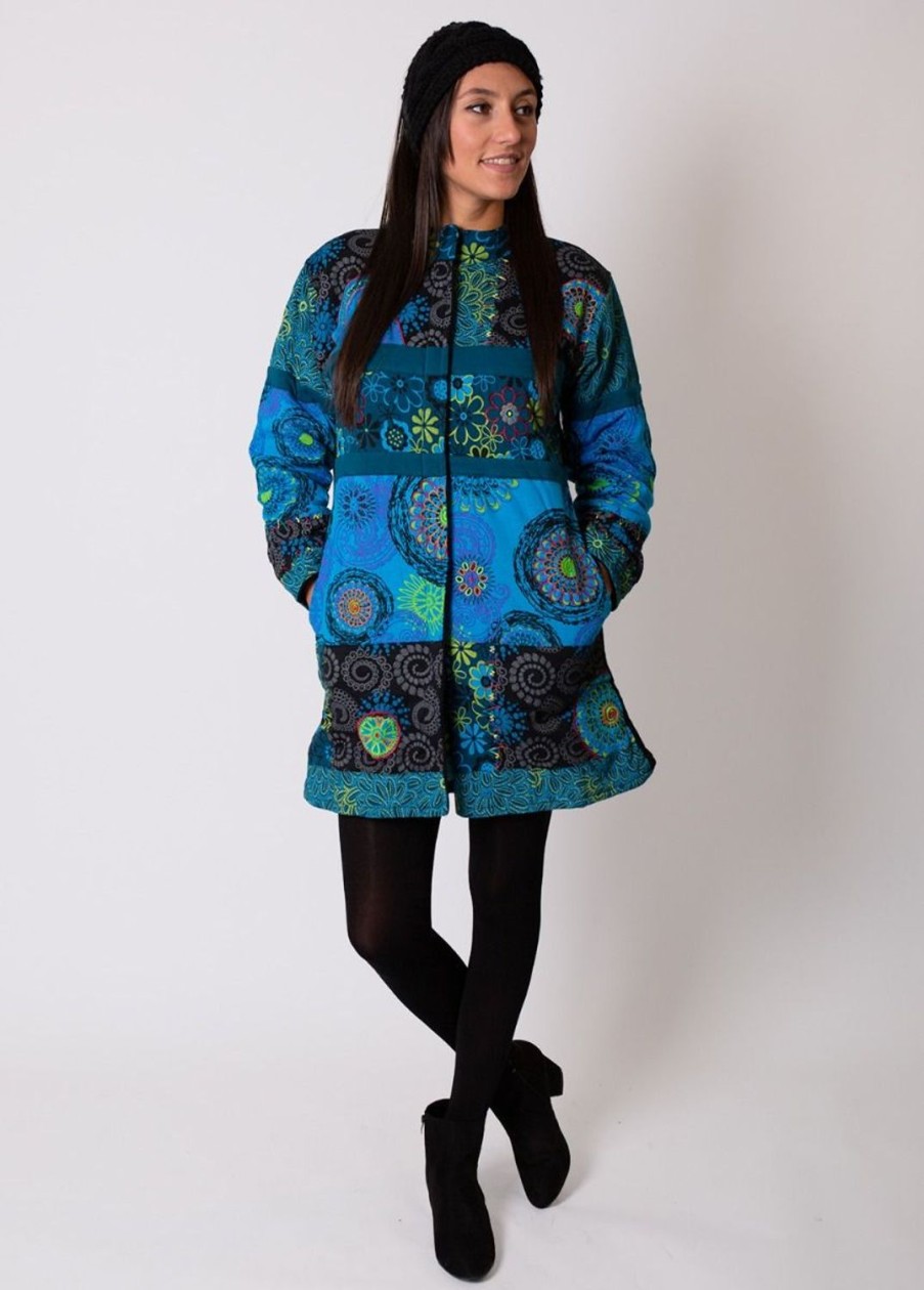 Femme Coton Du Monde | Manteau Double Polaire Kwango Ethnique Bleu