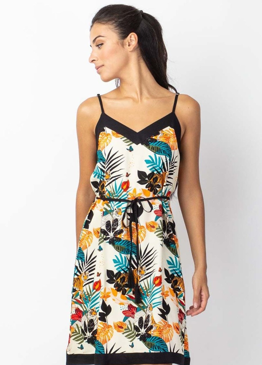 Femme Coton Du Monde | Robe Courte Fluide Fines Bretelles Palma Imprime Tropical Blanc Tiger