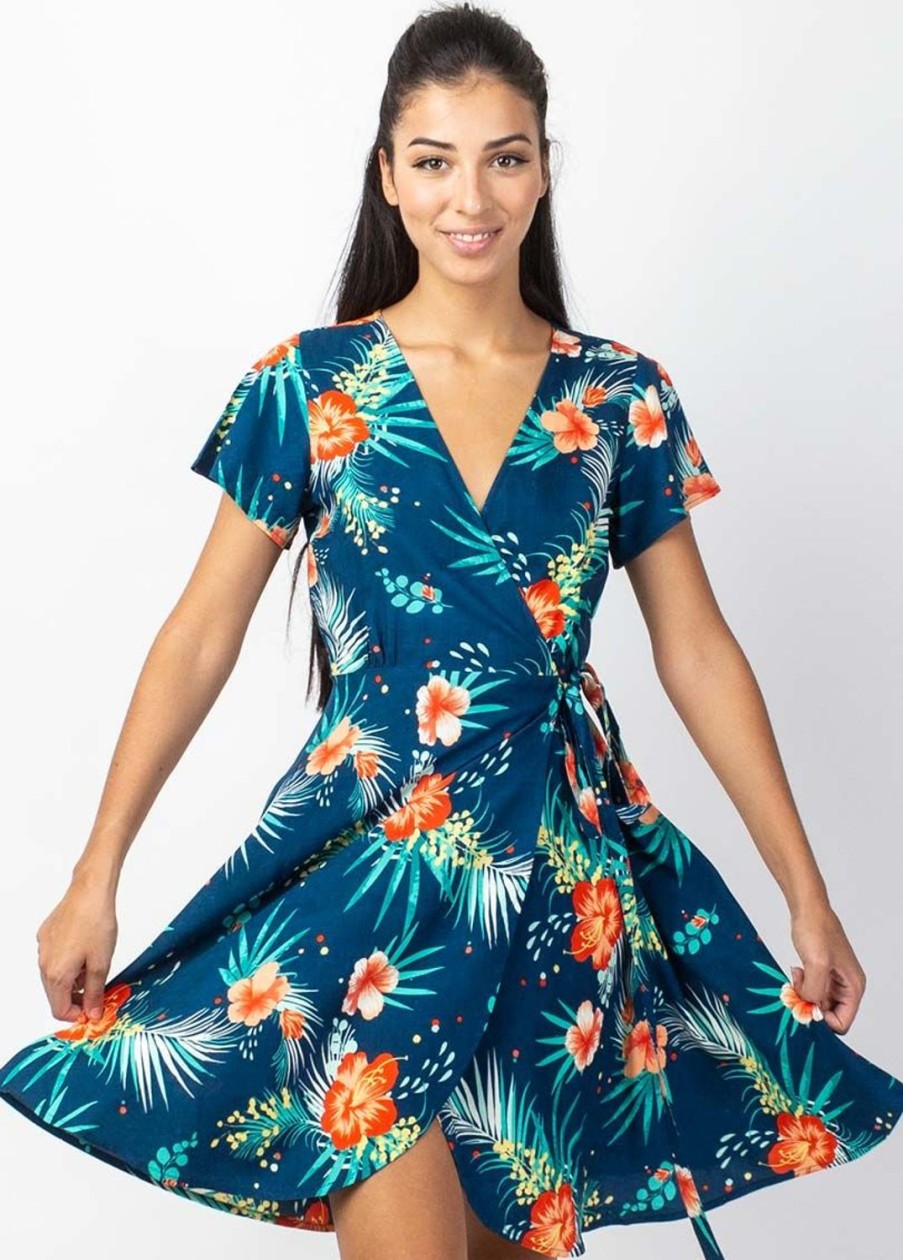 Femme Coton Du Monde | Robe Courte Marika Fluide Cache-Coeur Imprime Fleurs Tropicales Maui