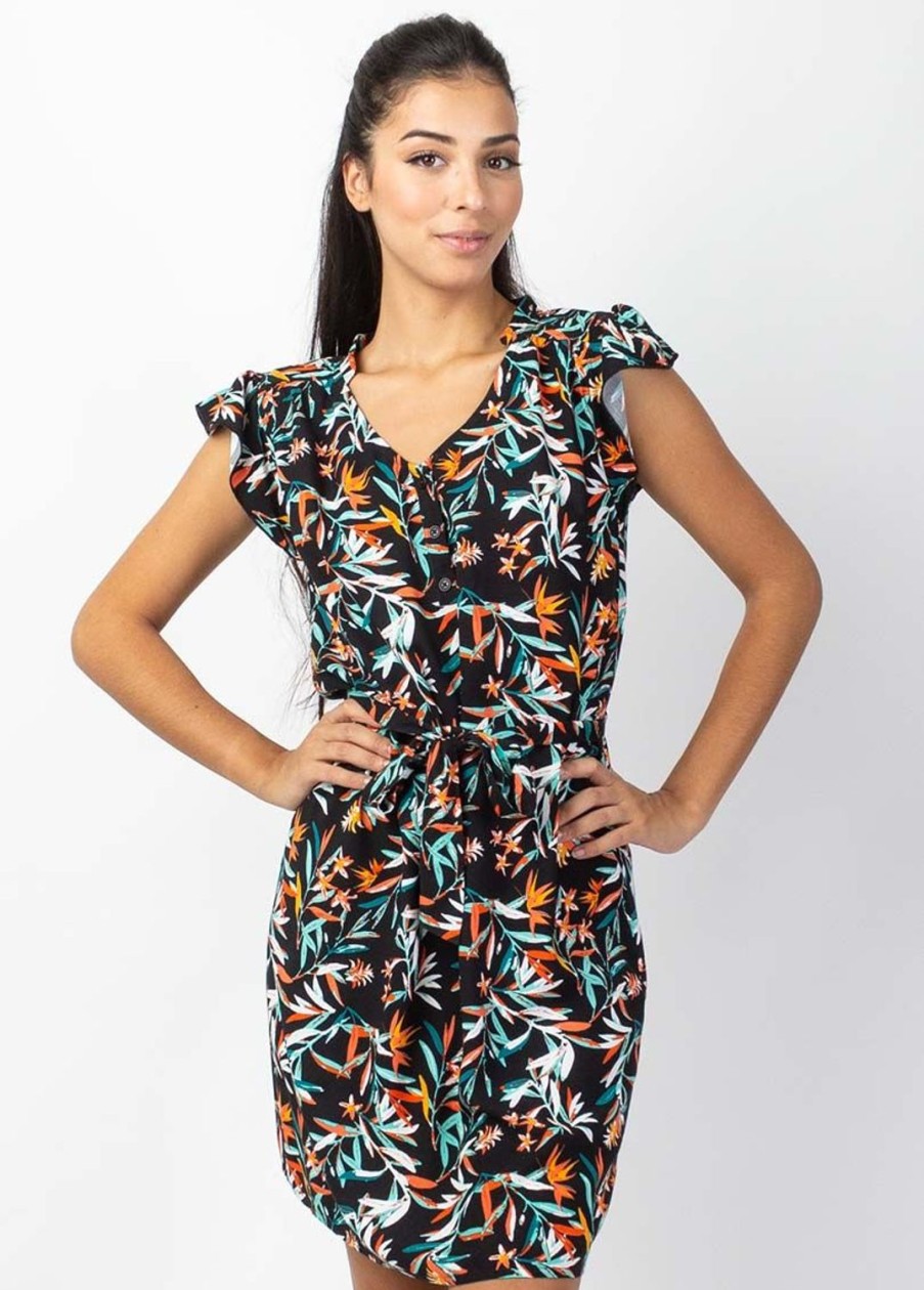 Femme Coton Du Monde | Robe Courte Fluide Vera Motif Tropical Belize