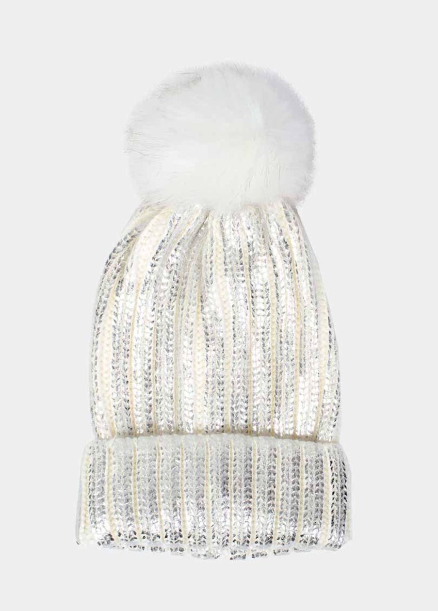 Accessoires Coton Du Monde | Bonnet Pompon Shine Blanc Metallise