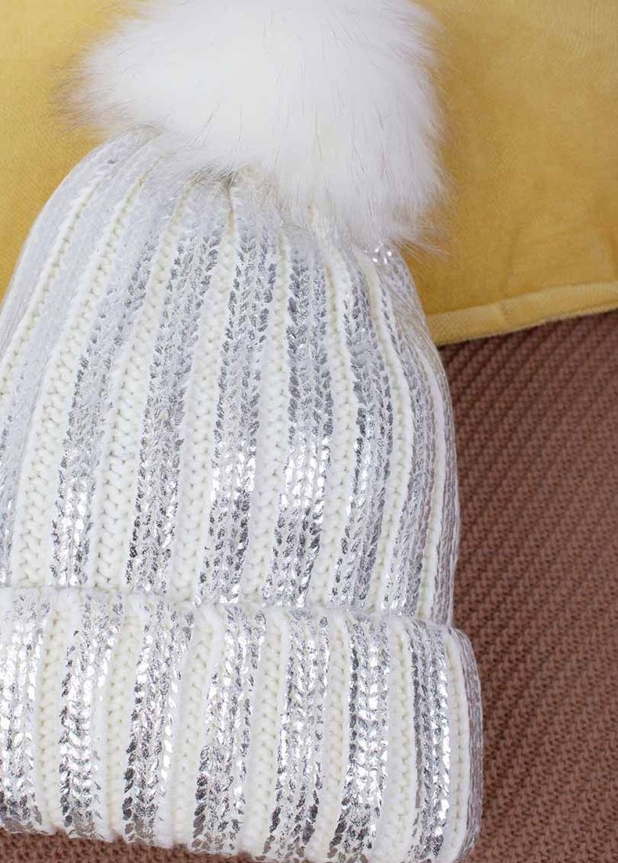 Accessoires Coton Du Monde | Bonnet Pompon Shine Blanc Metallise