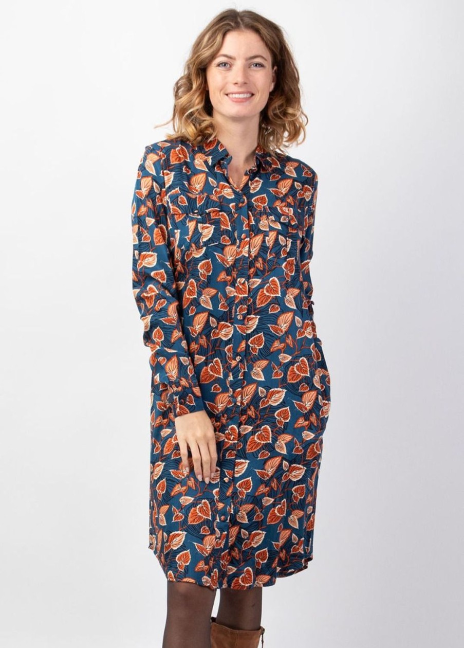 Femme Coton Du Monde | Robe Midi Hiver Manches Longues Macha Coupe Chemise Bleu Tylia