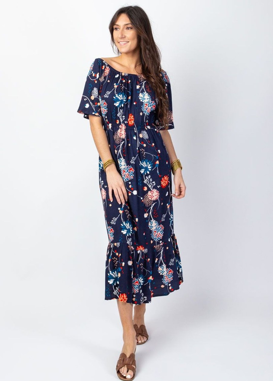 Femme Coton Du Monde | Robe Longue Chic Dalia Col Bardot Imprime Fleuri Bleu Pollen