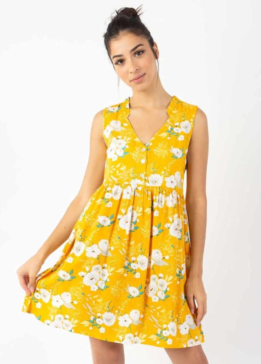 Femme Coton Du Monde | Robe Courte Babydoll Alexa Imprime Fleuri Jaune Bouquet Jaune