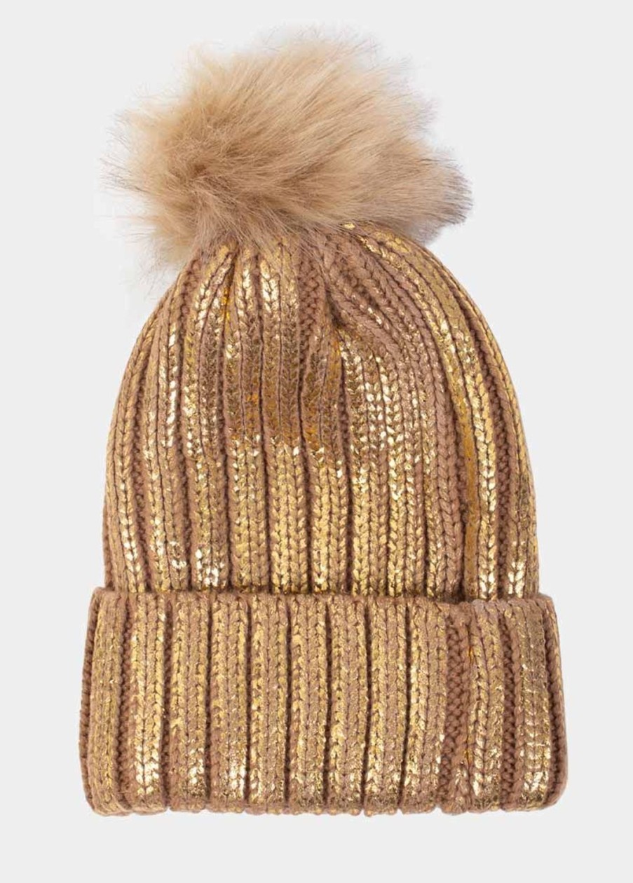 Accessoires Coton Du Monde | Bonnet Pompon Shine Camel Metallise