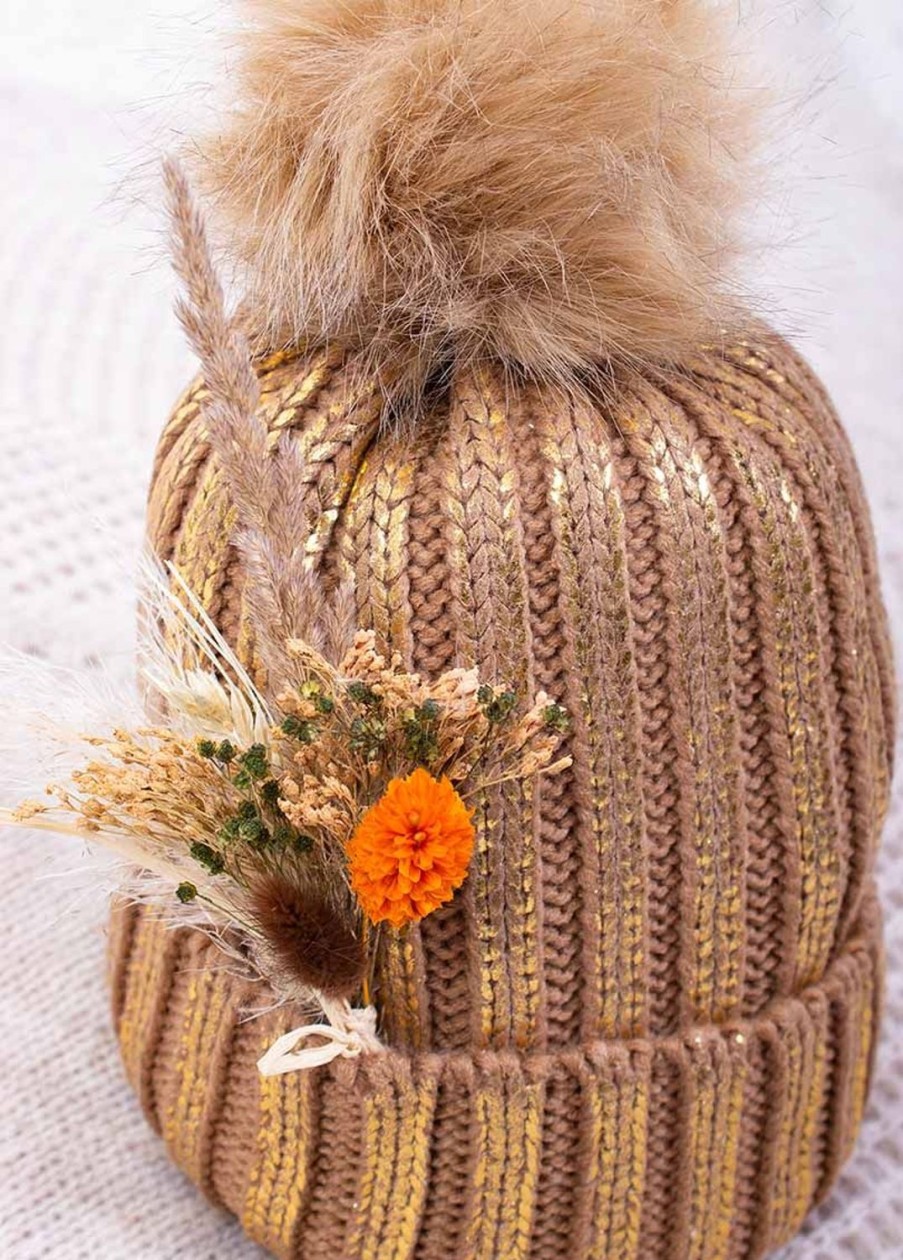 Accessoires Coton Du Monde | Bonnet Pompon Shine Camel Metallise