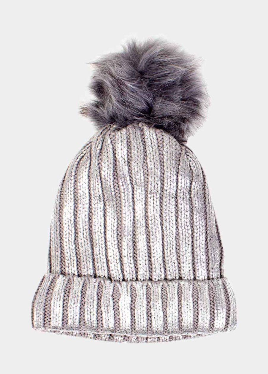 Accessoires Coton Du Monde | Bonnet Pompon Shine Gris Metallise