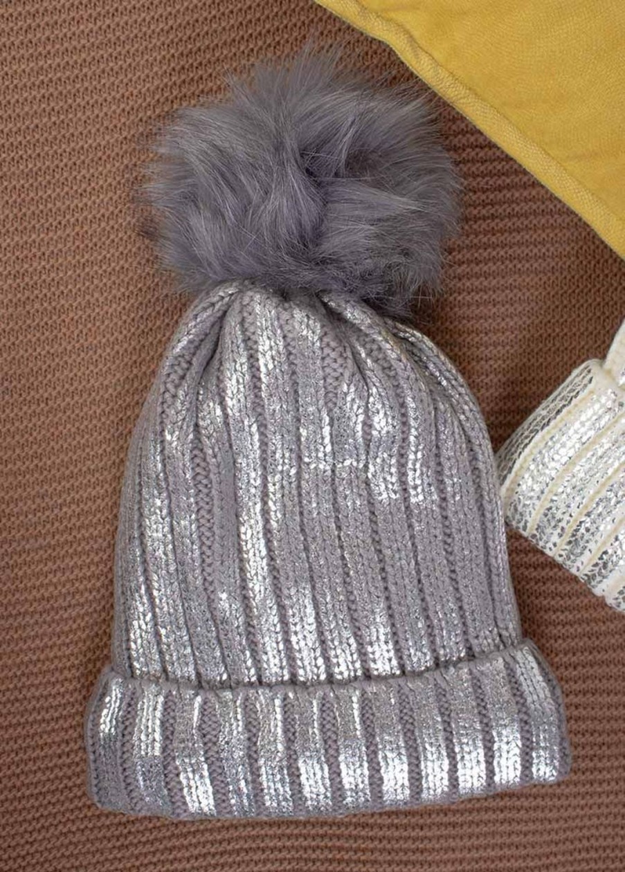 Accessoires Coton Du Monde | Bonnet Pompon Shine Gris Metallise