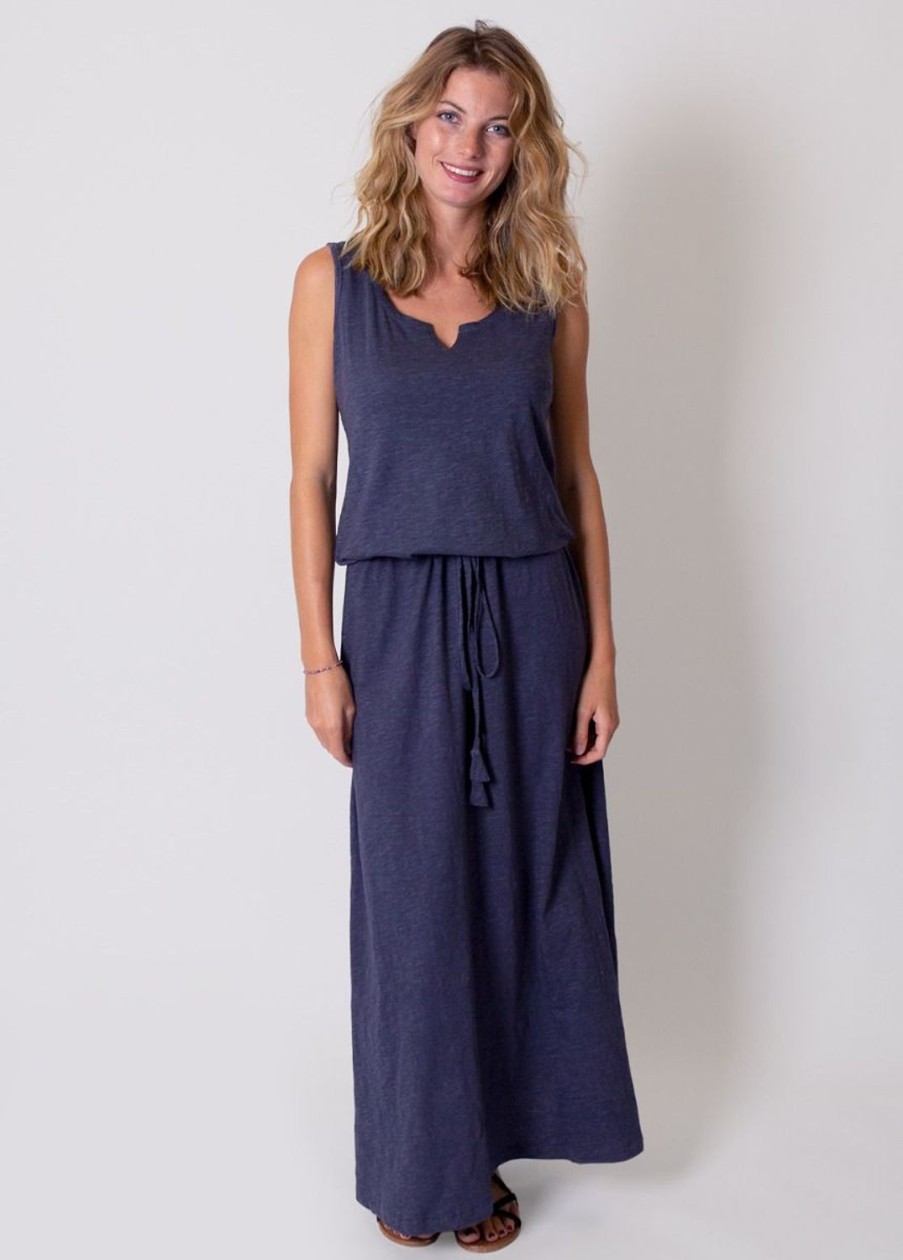 Femme Coton Du Monde | Robe Longue En Coton Sans Manches Nadine Gris Bleu Anthracite