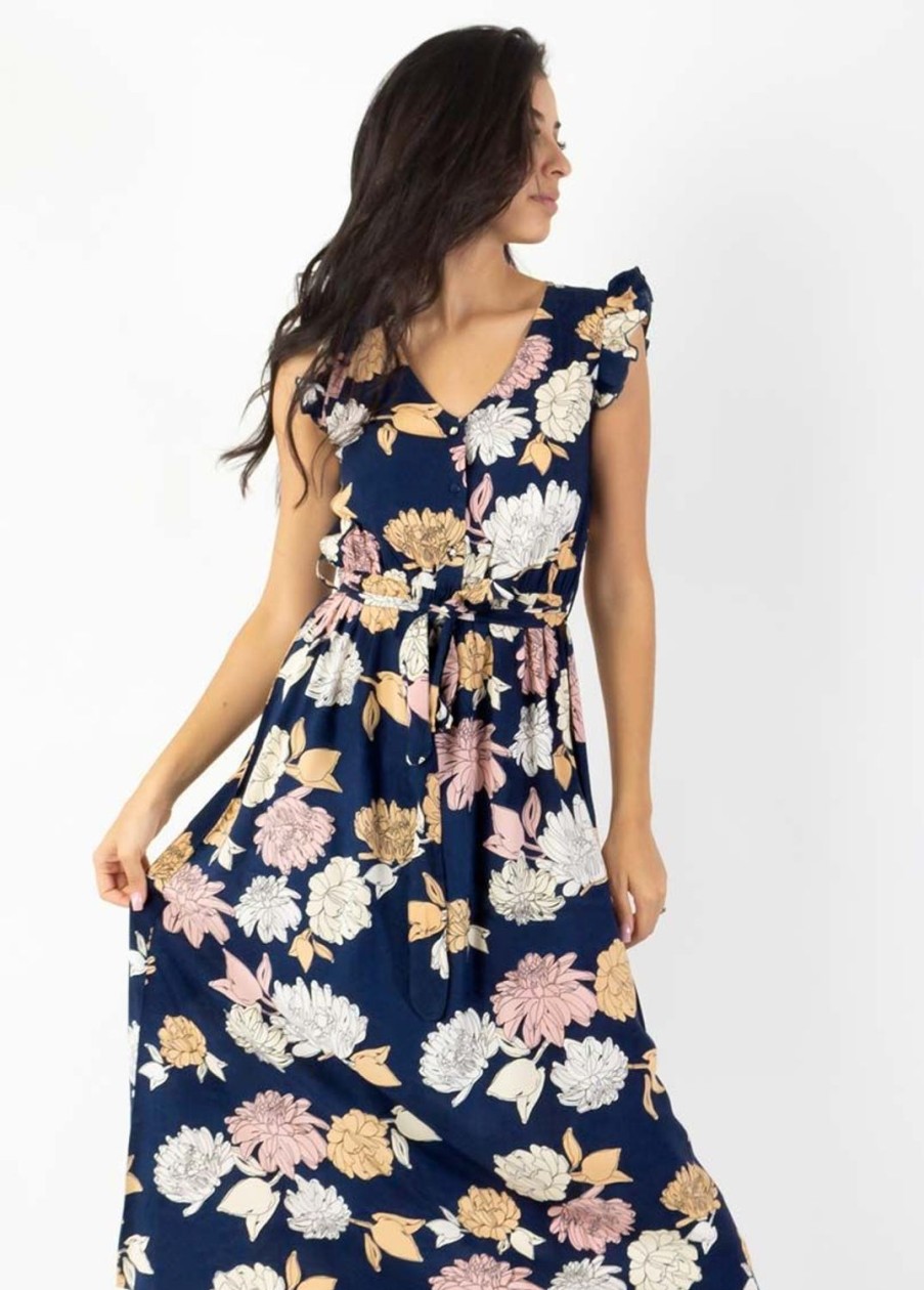 Femme Coton Du Monde | Robe Longue Manches Volantees Kayla Fleurie Bleue Blossom