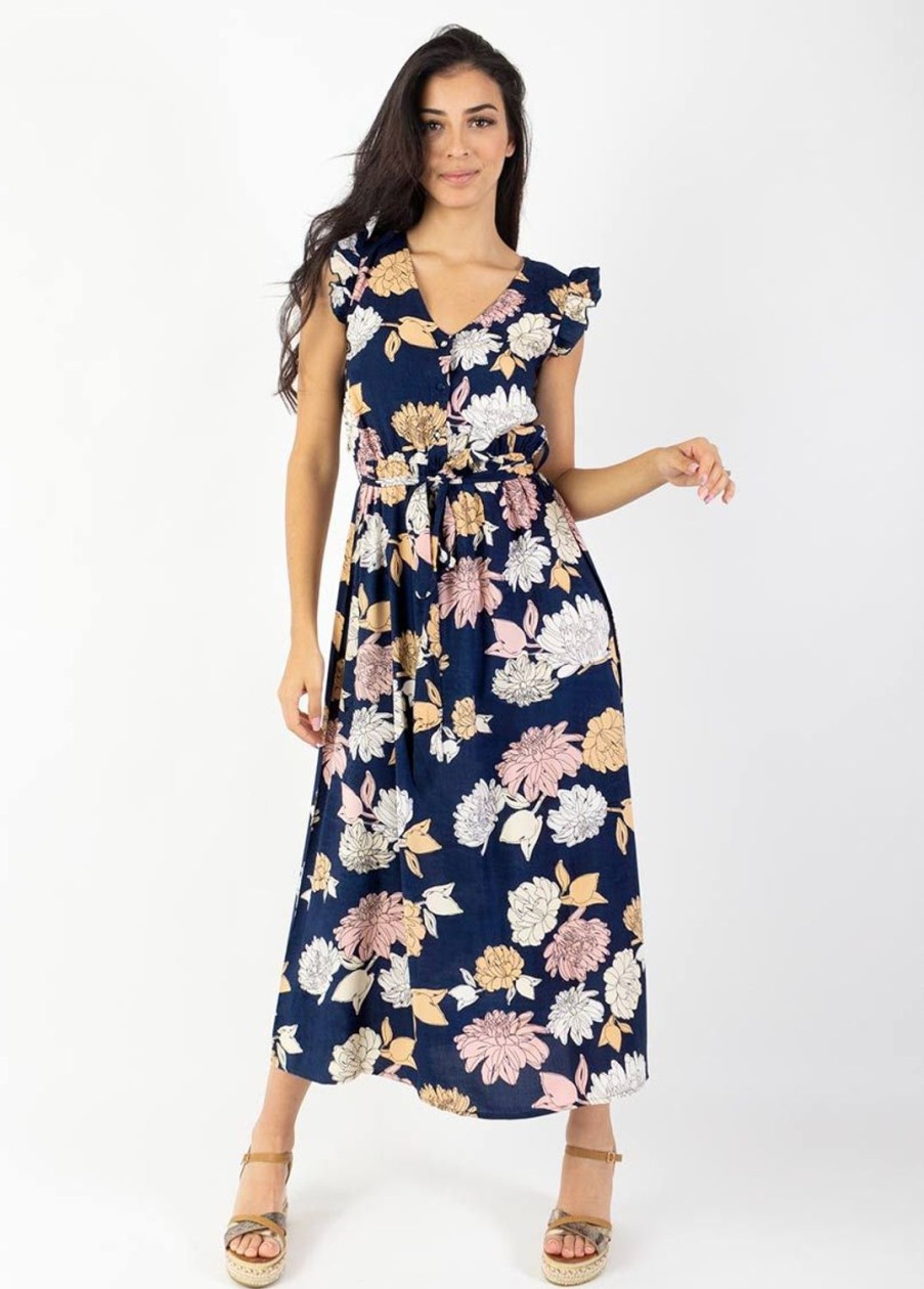 Femme Coton Du Monde | Robe Longue Manches Volantees Kayla Fleurie Bleue Blossom