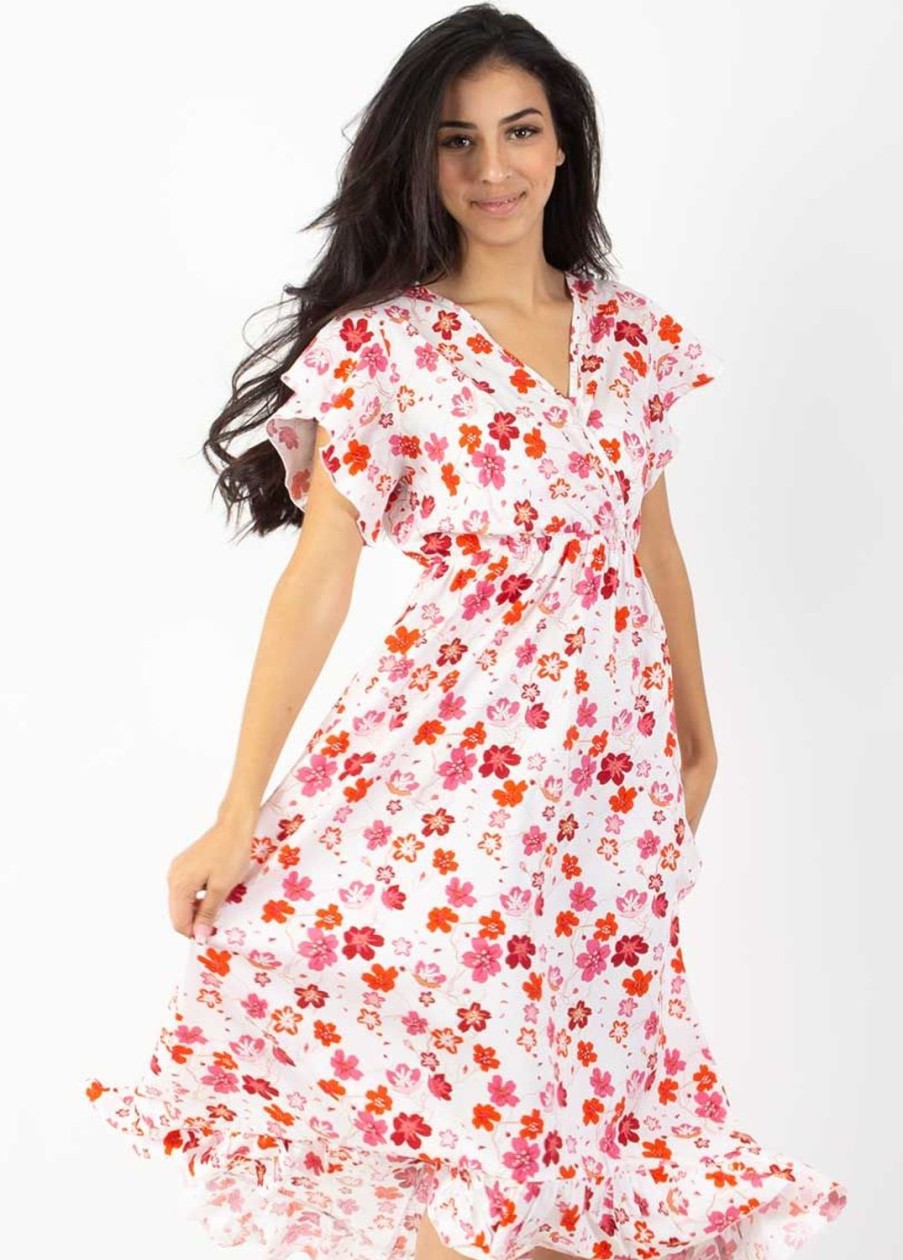 Femme Coton Du Monde | Robe Longue A Volants Kendra Imprime Fleurs De Cerisier Blanc Cherry Blanc