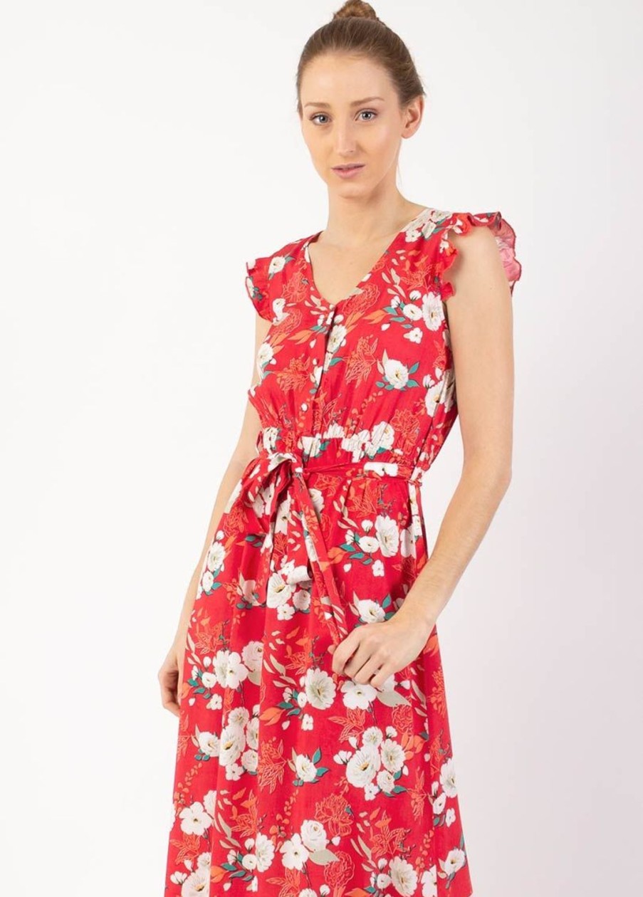 Femme Coton Du Monde | Robe Longue Manches Volantees Kayla Fleurie Rouge Bouquet Rouge