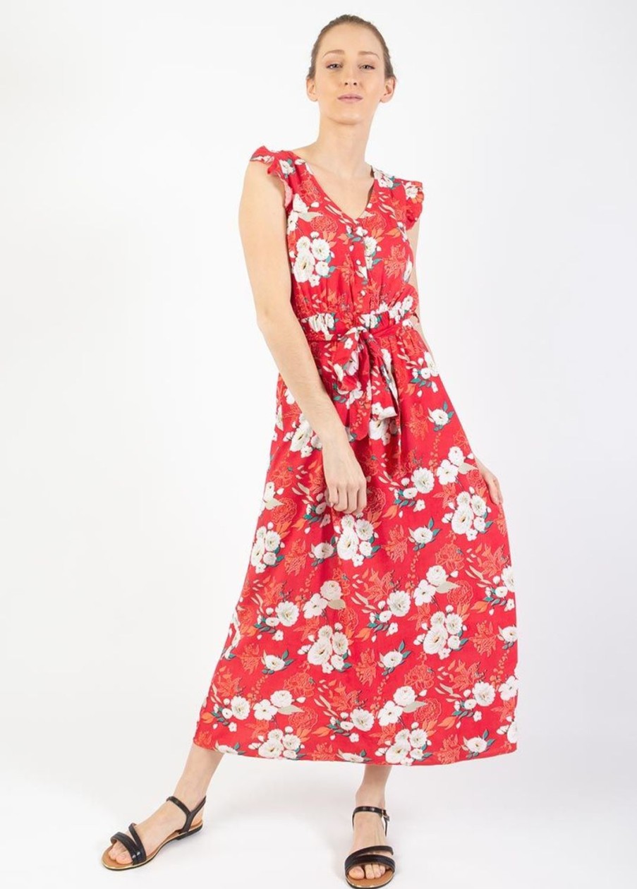 Femme Coton Du Monde | Robe Longue Manches Volantees Kayla Fleurie Rouge Bouquet Rouge