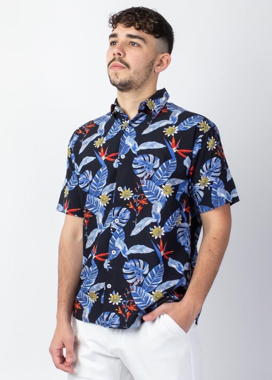 Homme Coton Du Monde | Chemise Homme Manches Courtes Lorenzo Imprime Fleuri Noir Hawai Noir