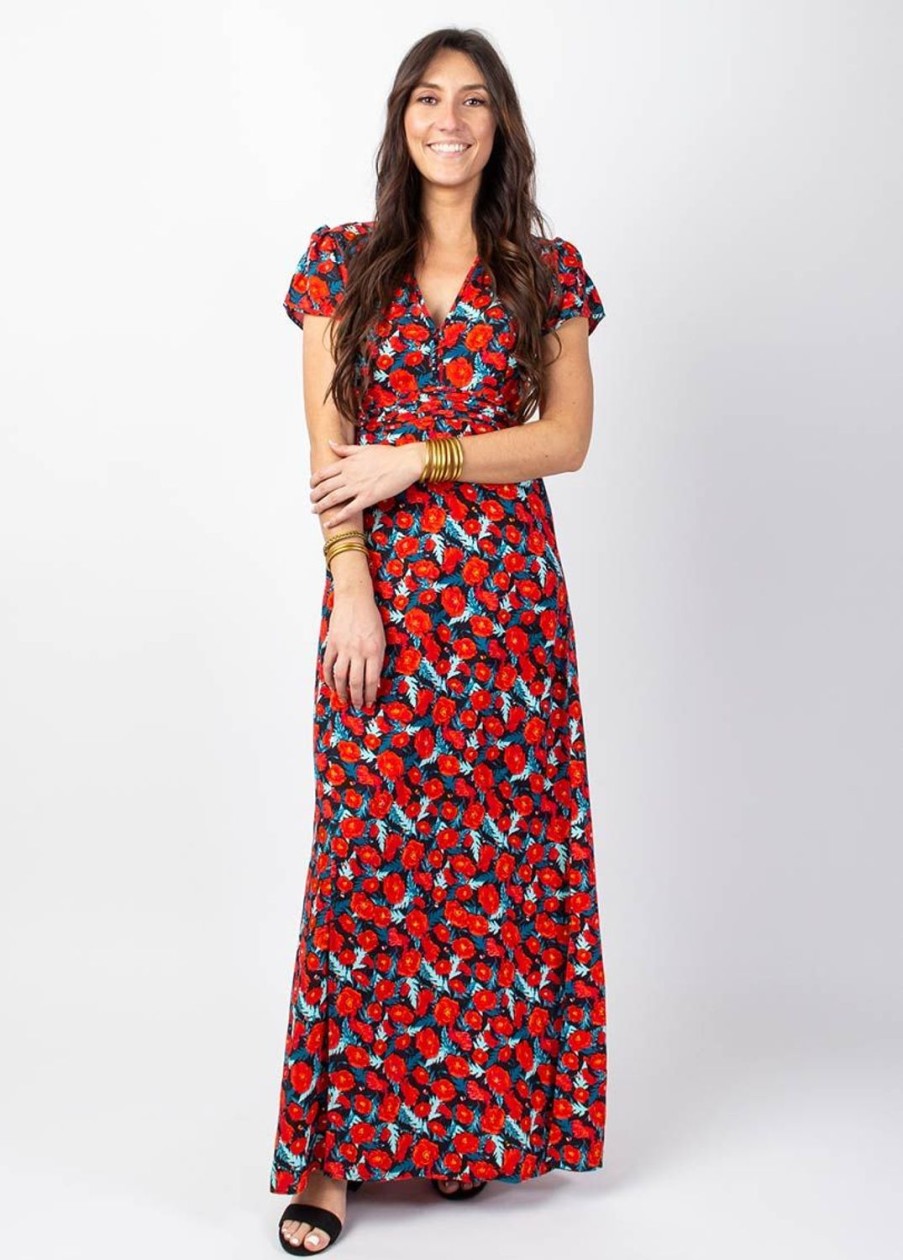 Femme Coton Du Monde | Robe Longue Fluide Marbella Imprime Fleuri Rouge Poppies