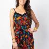 Femme Coton Du Monde | Robe Courte Fluide Fines Bretelles Palma Imprime Tropical Noir Ara