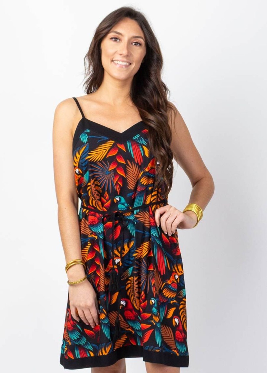 Femme Coton Du Monde | Robe Courte Fluide Fines Bretelles Palma Imprime Tropical Noir Ara